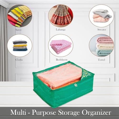 Image of Kuber Industries Saree Cover with Zip Closure | Clothes Storage Bag for Wardrobe Organiser | Transparent Top Saree Cover | Side Embroidery-Design | 9 inch | Pack of 2 | Green