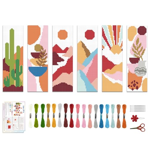 Image of ACRNIGHEET 6PCS Cross Stitch Bookmark Kit for Beginner Boho Abstract Landscape Stamped Cross Stitch Kits for Adults Crossstitch Kits Adult Bookmarks with Instructions Hand Embroidery Craft Gift 11CT