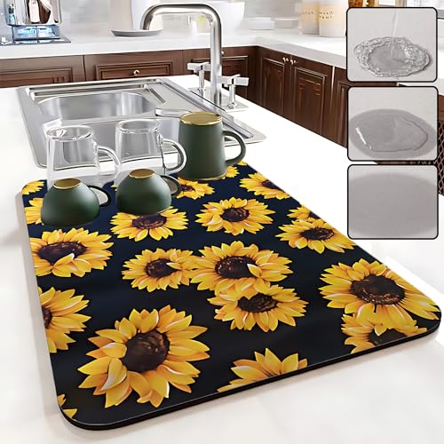 Ruhuayoupin Sunflower Kitchen Decor Absorbent Dish Drying Mat Rubber drying Mat For Kitchen Counter Easy Clean Dish Drainer Pad (sunflower) (12*16inches)