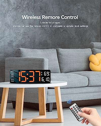 Image of JoFomp Digital Wall Clock - Large 13 Inch LED Display, Alarm, Remote Control, Automatic Daylight Saving Time, Brightness, Date, Week, Timer, Temperature - 12 /24H - for Living Room, Bedroom (Orange)