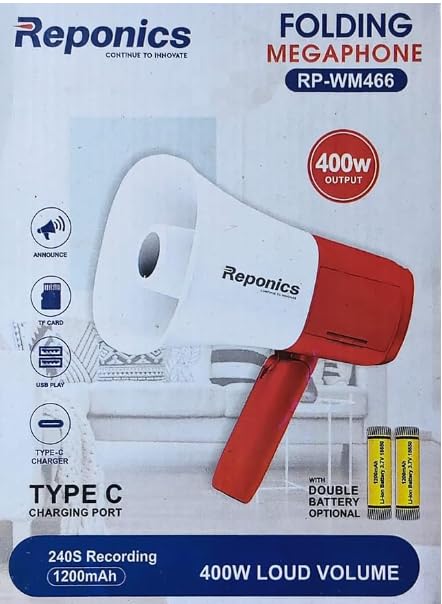 Reponics Folding Megaphone, 400W Output, Type-C Charging, 240s