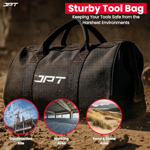 Image of JPT 13-Inch Heavy Duty Tool Bag, Wide Mouth Tool Storage Bag, Large Capacity Tool Tote Bag for Electricians, Power Tools Organizer