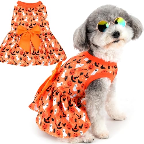 Zunea Halloween Dog Dresses for Small Dogs Cats Pumpkin/Ghosts/Bat/Spider Print Puppy Girl Halloween Costumes Fancy Dress Soft Pet Skirt with Bow Knot Chihuahua Yorkie Clothes Outfits Orange XL