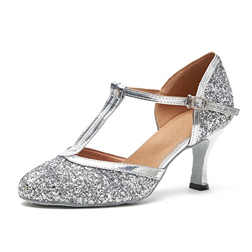 MINITOO L268 Chaussures de danse latine à paillettes avec bride en T pour femme, Argenté., 36.5 EU Cover