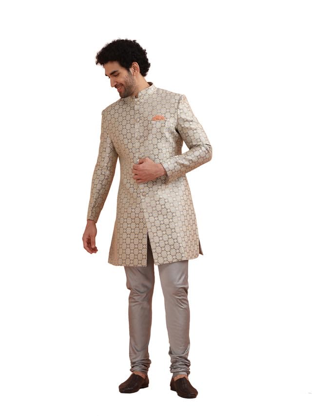 Men Grey Jacquard Indowestern Sherwani Churidar Set with Geometric-image-42