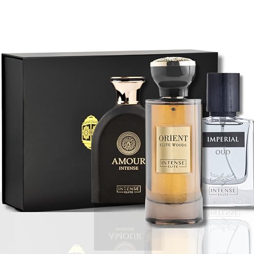 Amour Intense, Orient Elite Woods EDP 100ML (3.4 oz) e Imperial Oud EDP 50ML (1.67 oz) CON CAJA MAGNÉTICA Fragnancias para mujeres y hombres,