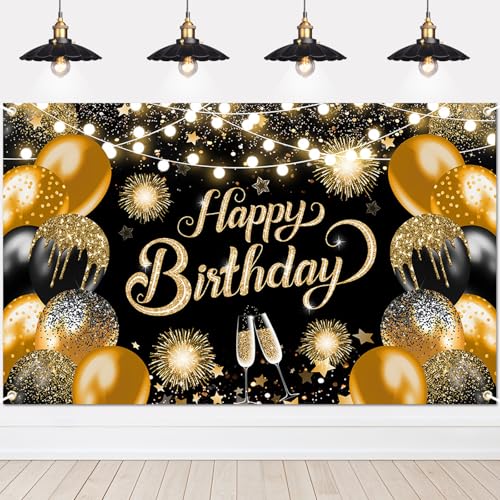 Lecheme Happy Birthday Banner Glitter Black Gold Happy Birthday Backdrop Photo Background Party Decorations for Men Women 6x3.6 ft