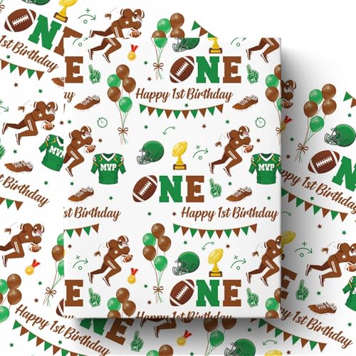 Pineraap Football 1st Birthday Wrapping Paper Roll for Boy Football Age One Gift Wrap Paper Green Sports 1 Year Old Gift Art Packing Paper for Baby Shower First Birthday Party 17Inch x 16.5Feet