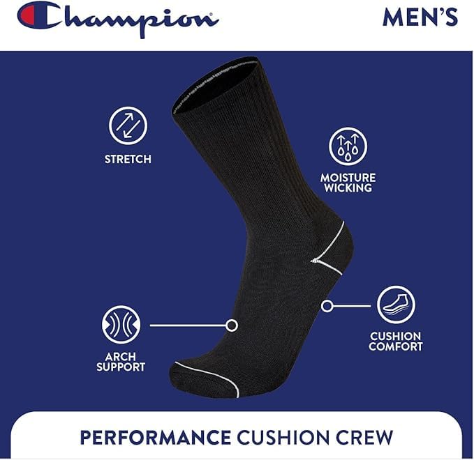 Image of Champion Men's Cushioned Crew Socks 5-Pack - Moisture-Wicking Athletic Crew Socks with Arch Support (Sizes 6-12)