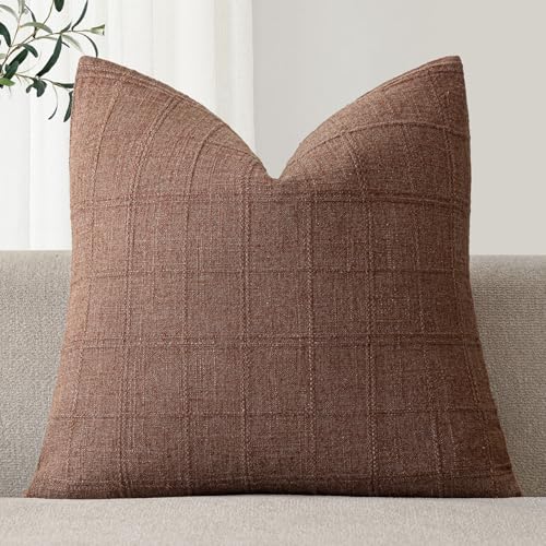 Image of Foindtower Set of 1 Decorative Linen Check Throw Pillow Cover Neutral Farmhouse Vintage Cushion Cover Modern Boho Home Decor for Sofa Chair Couch Bedroom Living Room,18x18 Inch,Autumnal Red