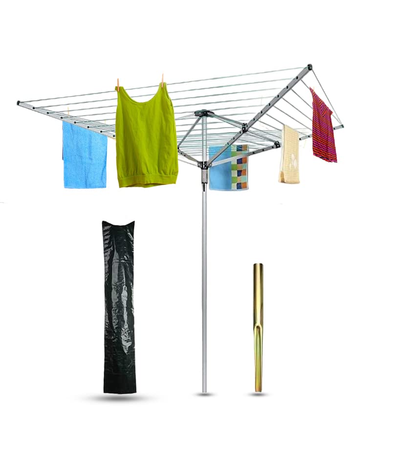 AAMEN Heavy Duty 4 Arm Rotary Clothes Washing Line, Clothes Rotating 45m Washing Line, Aluminum Arms and Steel Post, Rotary Outdoor Umbrella Drying Rack