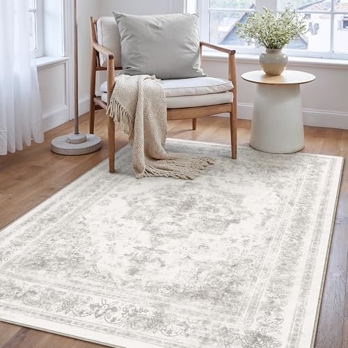 Area Rug 3x5 Washable Light Gray Rug Vintage Boho Medallion Entryway Door Mat Entrance Grey Distressed Retro Carpet Non Slip Low Pile Small Soft for Office Kitchen Bedroom Laundry Bathroom