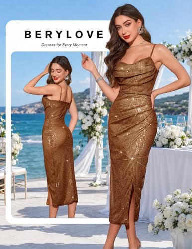 Image of BeryLove Summer Sequin Cocktail Prom Wedding Guest Dresses Sparkly Party Evening Formal Spaghetti Strap Dress