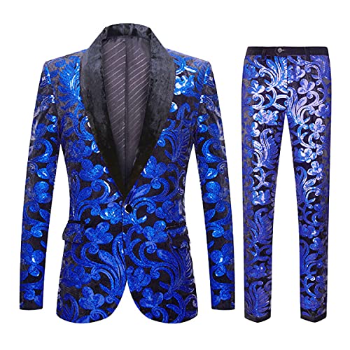 CARFFIV Men Fashionable Floral Pattern Sequins Two Pieces Set Suits (Royal Blue, L)