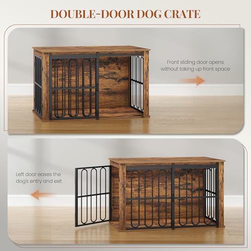 HEXCELEN Hundekäfig-Möbel aus Holz, 100 cm Hundebox für Zuhause, Hundekäfig mit 2 Türen, Schiebetüren, für Kleine, Mittlere Hunde, Robuster, Beistelltisch, 100 x 60 x 62,4 cm, Braun