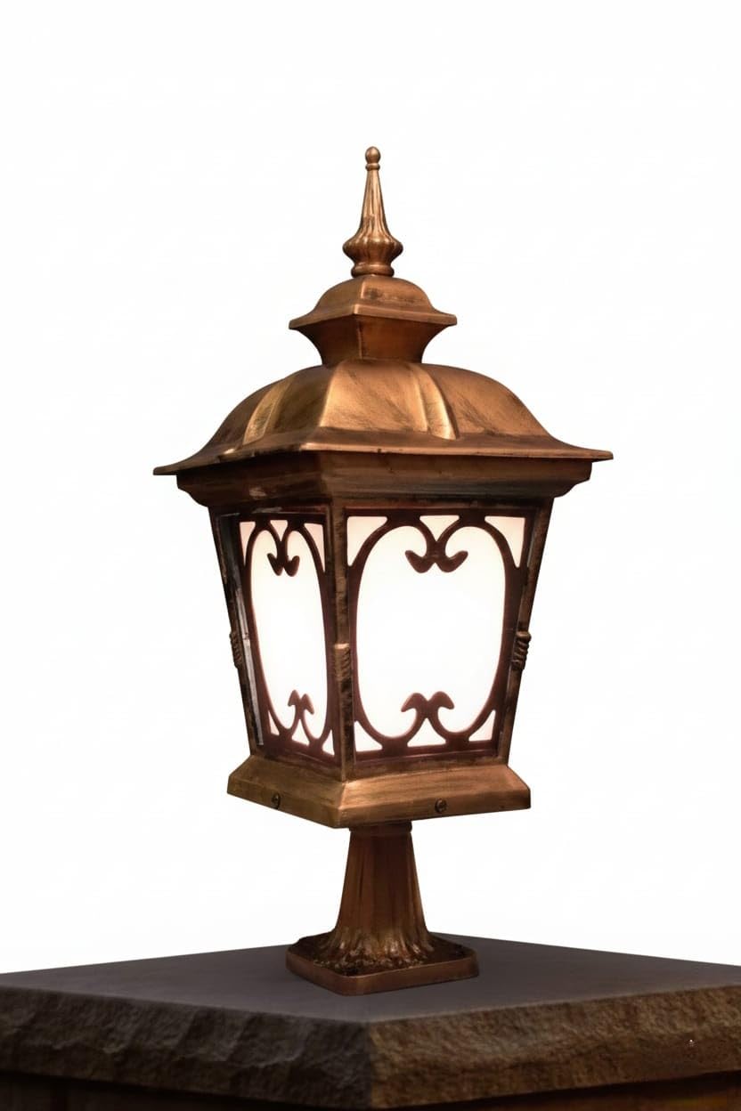 Outdoor Gate Light, Antique Copper Finish Decorative Scrollwork Design, Pedestal Mount, 40cm Height, Corded Electric, Pack of 1-image-30