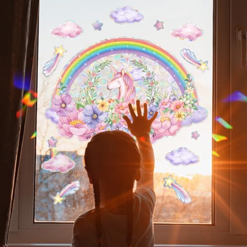WandSticker4U®- Fensterbilder EINHORN & REGENBOGEN & STERNEN Mädchen...
