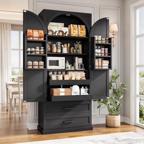 Image of iPormis 71 inch Tall Kitchen Pantry Storage Cabinet w /Adjustable Shelf, Large Drawers & Door Shelves, Freestanding Kitchen Cupboard for Dining Room /Living Room, Classic Black