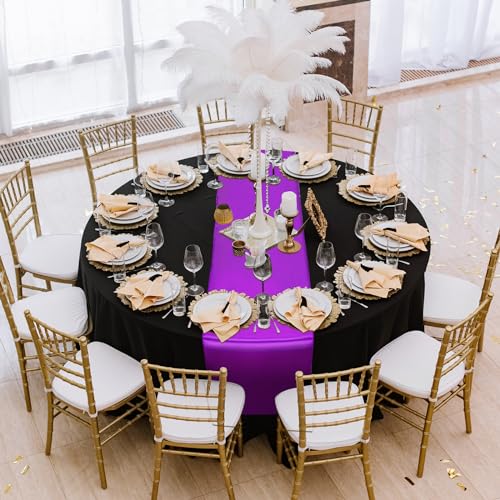 Image of 12Pack 12x108 Inch Satin Table Runner and 84 Inch Round Plastic Tablecloths Set Black Purple Disposable Round Table Cover for Graduation Wedding Bridal Shower Anniversary Birthday Party Decorations