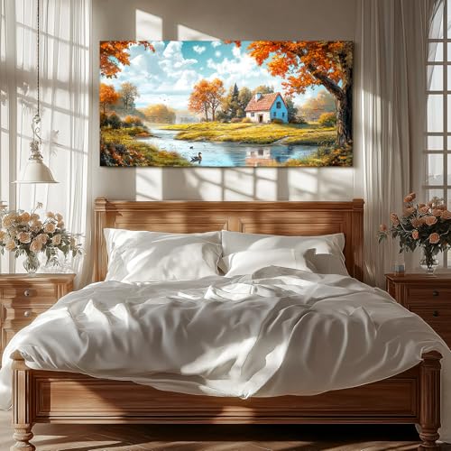 SERIMINO Fall Landscape Large Wall Art, Forest Cottage Rustic Wall Decor, Lake Duck Farmhouse Canvas Painting, Nature House Decorations Living Room Bedroom Dining Room Cottagecore Art Prints 30"X60"