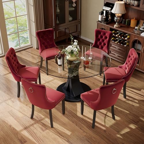Image of 7-Piece Dining Table Set with 47In Tempered Glass Table and 6 Velvet Upholstered Chairs, Modern Scandinavian Furniture for Dining Room Kitchen(Burgundy)