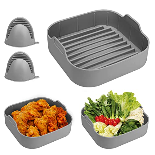 Image of Air Fryer Silicone Pot, 8 inch Air Fryers Oven Basket with Mitts, Replacement of Parchment Paper Liners for 6.5 QT or Bigger Square, Grey