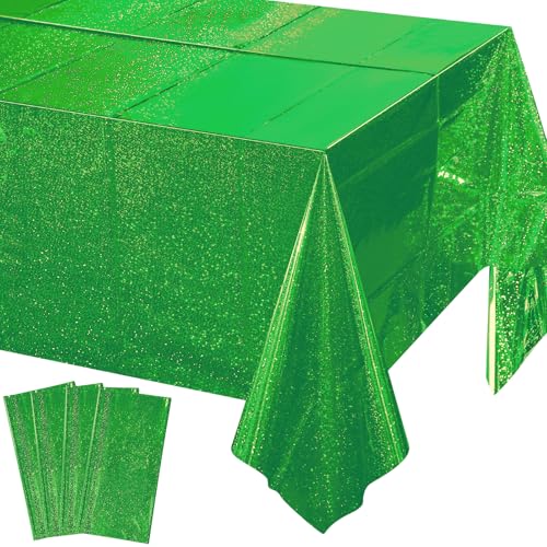 Image of 4 Pcs Iridescent Green Tablecloth Party Decorations, Holographic Foil Green Table Cloth, Disposable Rectangle Laser Table Cover for Baby Shower Wedding Birthday Witch Party Supplies, 54x108 Inch