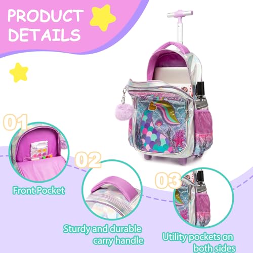 Egchescebo Kids Rolling Mermaids Backpack for Girls Sequins Trolley Suitcases Luggage Travel with Wheels Bookbag Wheeled 17" Roller Backpacks Toddler Back Pack School Bags for Elementary Golden Heart4