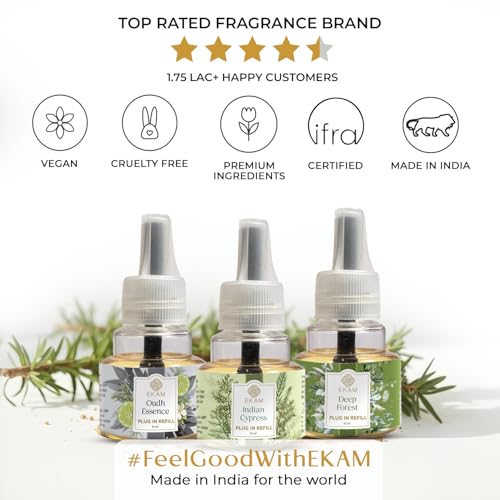 Image of EKAM | Combo Pack Of 3 | Woody Scented Plug-In Air Freshener Refill liquid,| 45ml Each | Lasts up to 125 Days Each / 500 Hours Each | Perfect for Living Rooms, Bedrooms & More