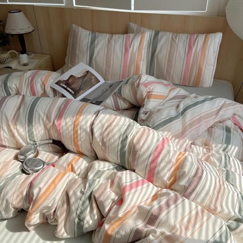 Image of VM VOUGEMARKET Full Duvet Cover Set,Multicolor Stripes Pattern | Soft Breathable Washed Cotton Bedding Striped Duvet Cover with 2 Pillowcases for Teens(Orange /Pink /Green /Coffee)