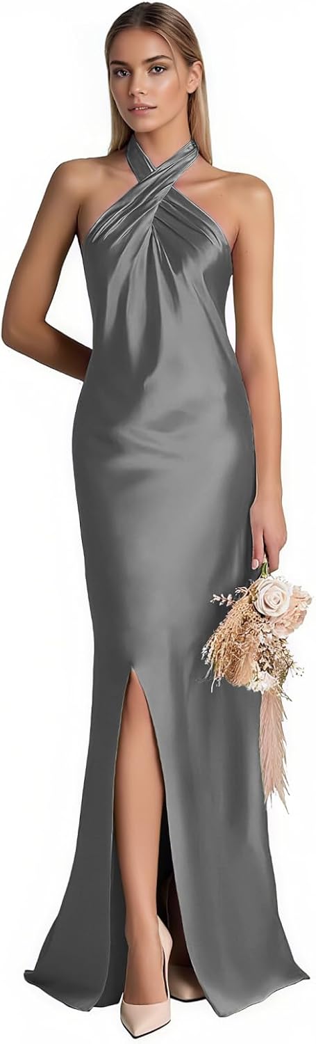 Halter Gray Bridesmaid Dresses for Wedding Plus Size Backless Satin Formal Evening Gown with Slit Long Prom Dress for Party 28W