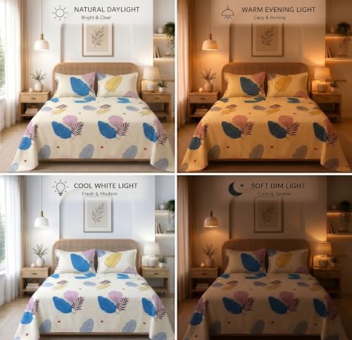 Image of HOMEKART Glace Cotton 160 TC Leaf Printed Double Bedsheet with 2 King Size Pillow Covers | Soft & Durable | 86 x 88Inches (White & Blue)