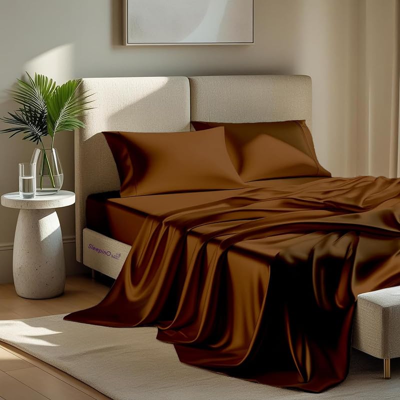 Image of Premium Satin Double Bed (90x100 Inchs) with 2 Pillow Cover Bedsheet Ultra Soft & Silky Smooth, Breathable Cooling Fabric, Luxury Glossy Finish|Chocolate
