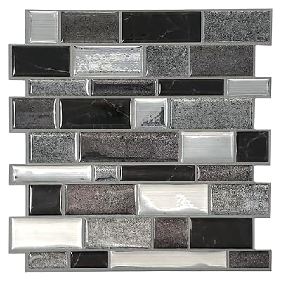 Main Street 8-Sheet of 8"x 8" Peel and Stick Kitchen Backsplash Tiles, Black and Silver Mosaic Design, Self Adhesive Wall Tiles, Renter Friendly, Water Resistant
