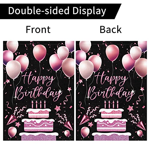 Happy Birthday Garden Flag Balloons Pink Birthday Cake Yard Flags 12X18 Inch Double Sided Burlap Banner For Farmhouse Outdoor Prime Birthday Party Celebration Decoration(Only Flag) #TOP5