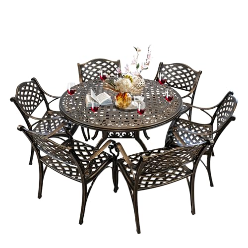 Image of 48 Inch Outdoor Dining Table Round Patio Table Powder-Coated Cast Aluminum Frame for Garden with Umbrella Hole (Bronze)