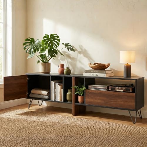 Image of FFO TV Unit, TV cabinet 180 cm 6ft | TV Unit 75 Inch+ for Living Room | Black TV Stand Wooden with Metal legs TV Console | TV Cabinet with Storage | TV Console Unit for 43, 55, 65, 75 Inch TVs |(DIY).