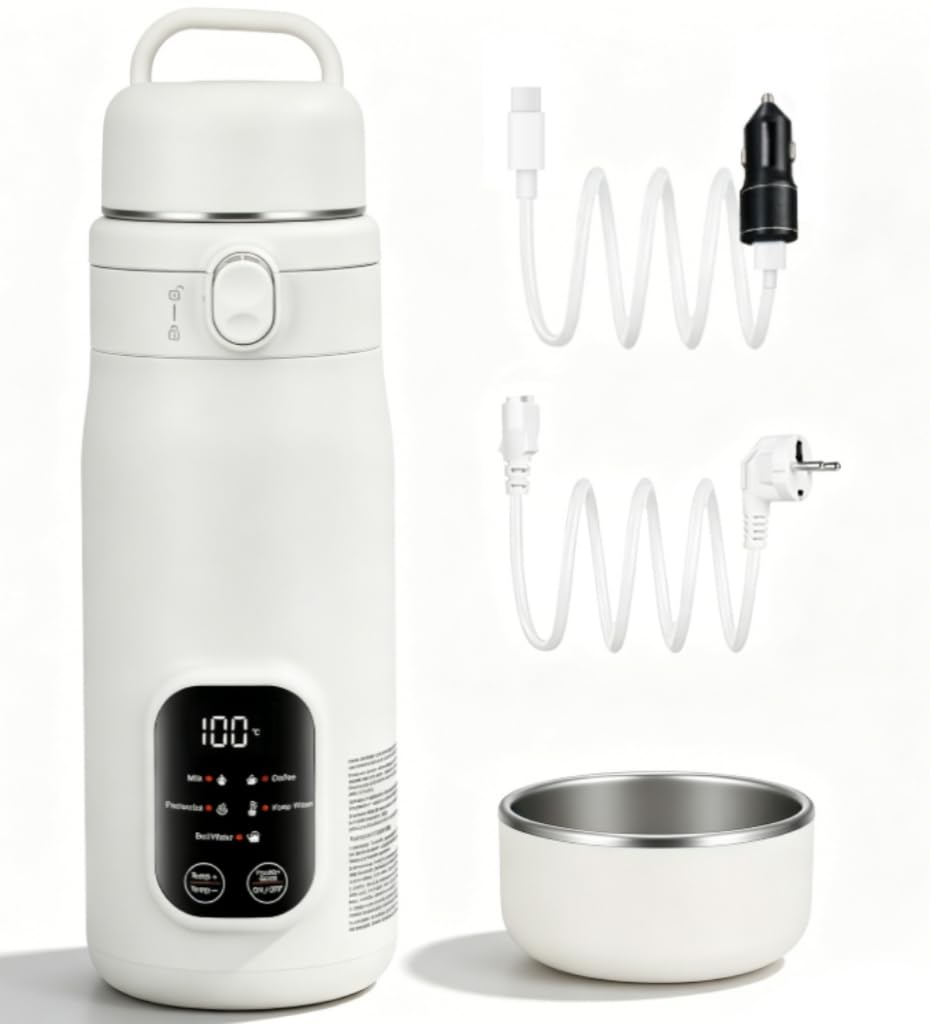 Bouilloire électrique portable 500 ml, 3 types d'alimentation de voiture/USB/prise européenne, 5 réglages de température