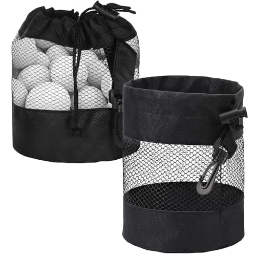 Grevosea 2 Pcs Golf Balls Storage Bag, Golf Pouch Golf Ball Holder Nylon Mesh Ball Bag with Drawstring Golf Ball Sack Golf Storage Drawstring Mesh Bags for Golf Accessories (Black)