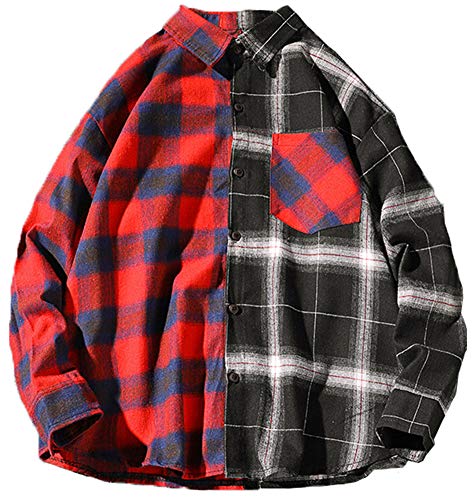 LifeHe Men's Women Hip Hop Patchwork Button Down Long Sleeve Plaid Shirts Streetwear Oversized (Red, M)