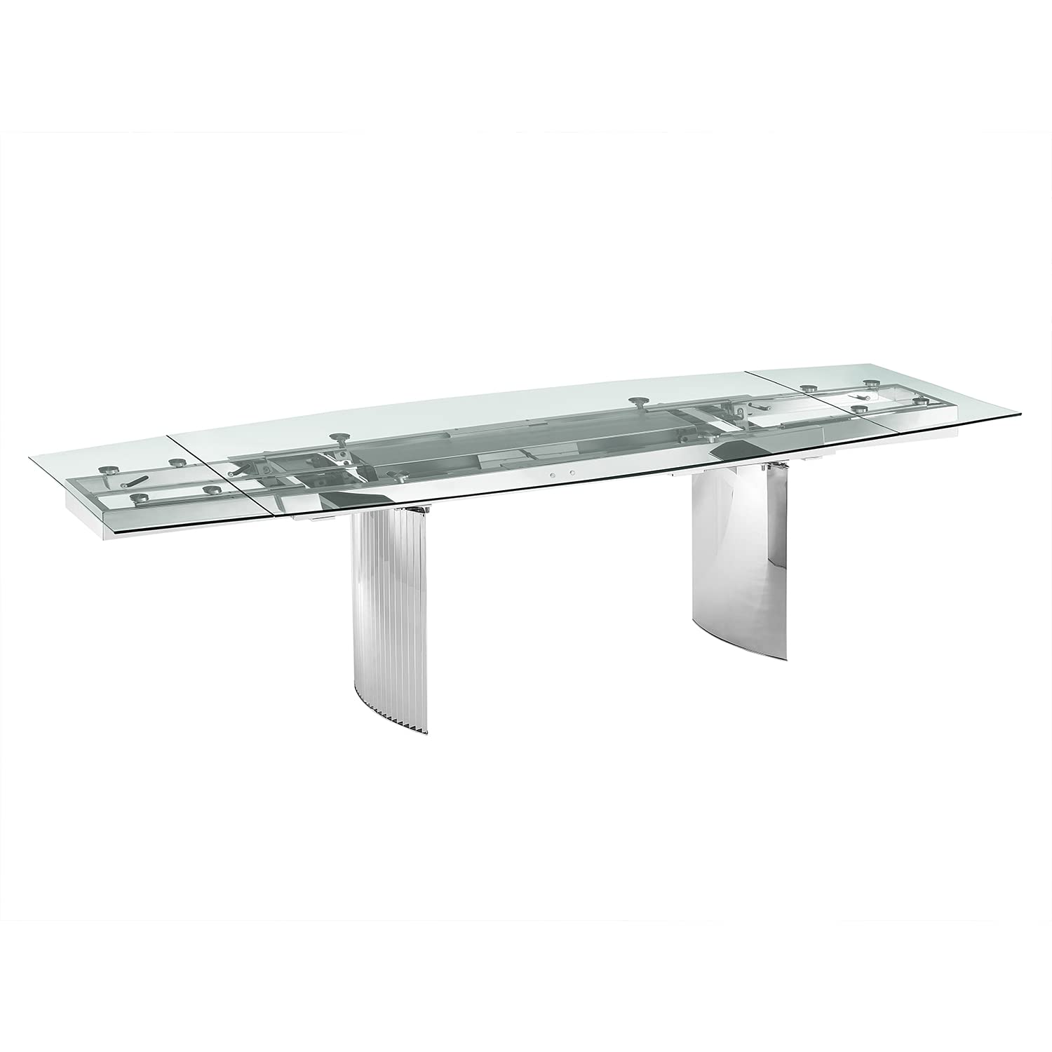 Talenti Casa Allegra Motorized Dining Table in Clear Glass with Polished Stainless Steel Base.