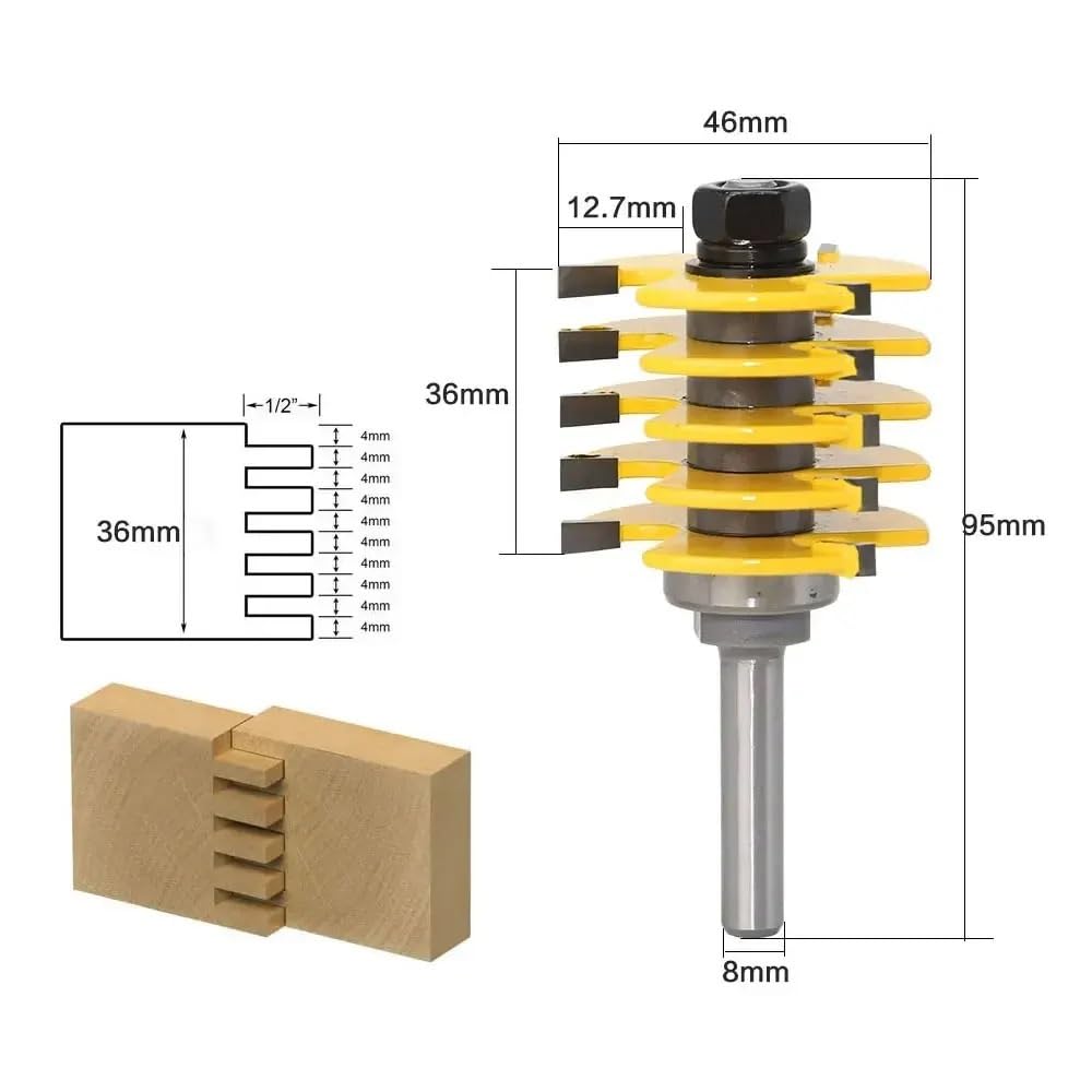 1 Uds., 5 cortadores de dedos individuales, fresa de carpintería con mango de 8/12, 7mm, fresa for extremo de madera, broca enrutadora de junta de dedo ajustable con(8mm shank)