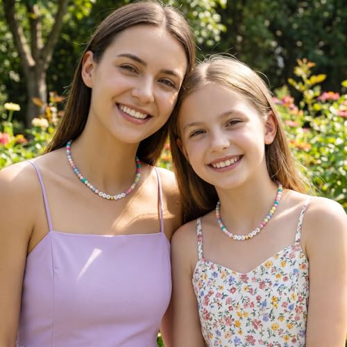 Image of Big Middle Little Sister Mom 2 Daughters Heart Colorful Beaded Necklaces | 3Pcs matching sister pendant set, meaningful friendship & family jewelry, ideal gift for BFF, sisters, mom & daughter
