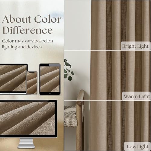 Image of TWODRAPES 98 Inch Tan Brown Linen Curtains for Living Room Pinch Pleated Drape with Hooks Rings for Track System Light Filtering 98 Inch Curtain for Bedroom Sliding Patio Door 2 Panels Latte