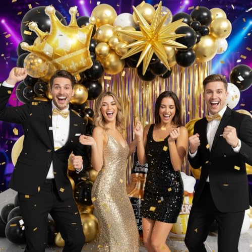 Image of 21st Birthday Decorations for Him 150pcs with Number 21 Foil Balloon Fringe Curtains White Black and Gold Balloons Arch Kit for 21st Birthday Decorations Graduation Birthday Balloons for Bed