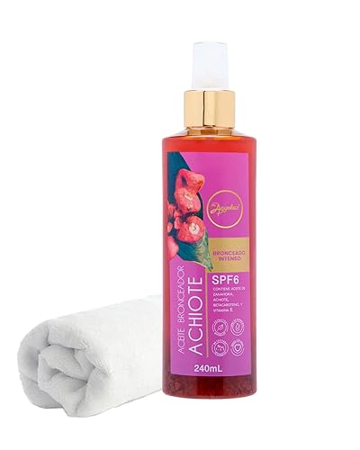 Aceite de bronceado Anyeluz FPS 6 Beta Caroteno Vitamina E Wahscloth Aceite Bronceador SPF 6 Anyeluz 84 oz -81fl oz Toallita Achiote y Canela
