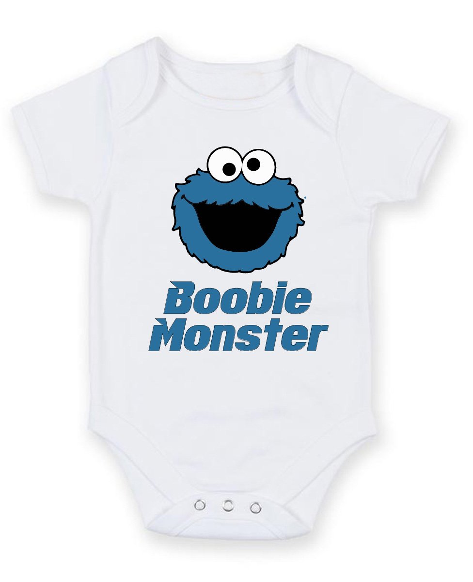 FoxyPrinting Boobie Monster - Personalised Baby Boy Girl Baby VestUnisex Short Sleeve Bodysuit (3-6 months)