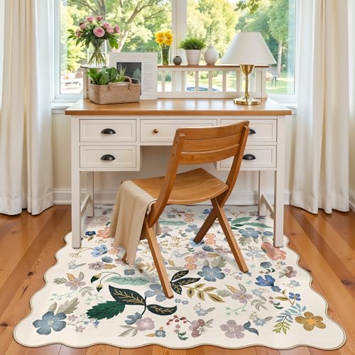 Floral Square Area Rugs for Family: Washable 5x5 Scalloped Carpet for Living Room Bedroom Soft Water Resistant Floor Mat with Non Slip Backing for Kitchen Nursery Dorms Farmhouse Home Decor(5x5,Cream)