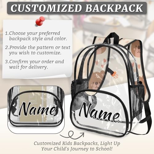 Personalized Brown Bear Clear Small Backpack for Stadium Events Custom Transparent Backpacks with Name Heavy Duty PVC Plastic See Through Clear Bag for Concerts Cute Wildlife4
