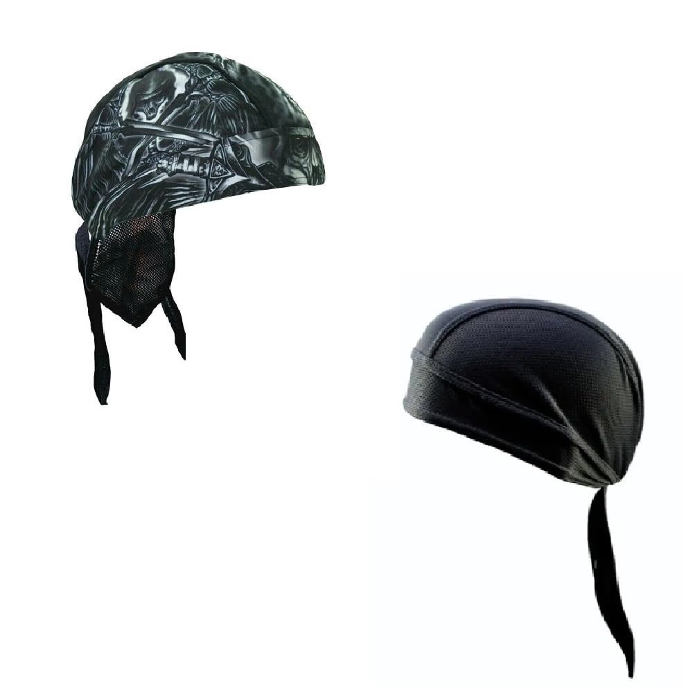Generic Lot or Set of 2 Black White Skull Crossbone Wings Swords and Solid Black Moisture Wicking Headwrap